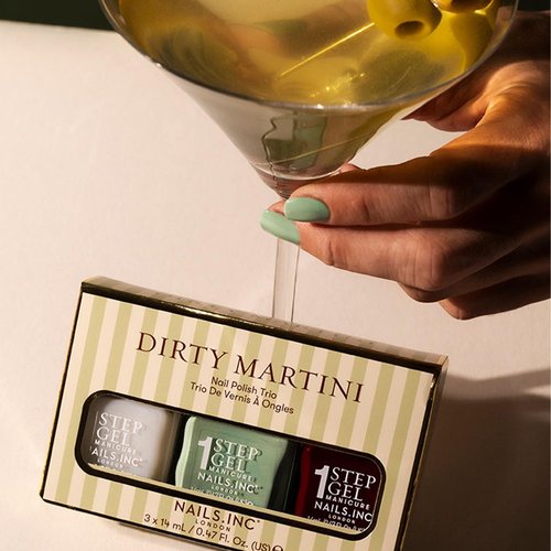 Nails Inc It's Topless Gel-Like Dirty Martini Nail Polish Trio, 4-in-1 Base Coat, Treatment, Color & Top Coat, Long Lasting, Strong, Chip Free, Glossy Salon Quality Manicure, Air Dry, 3 Piece Set