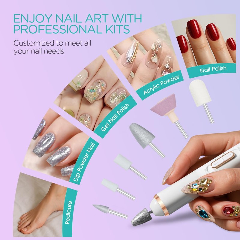 VOGOE Electric Nail Drill, Cordless Nail File Machine Kit 2 Directions & Speeds for Acrylic, Gel Nails, Rechargeable with LED & 6 Nail Drill Bits for Professional Manicure and Pedicure,Gold ND310