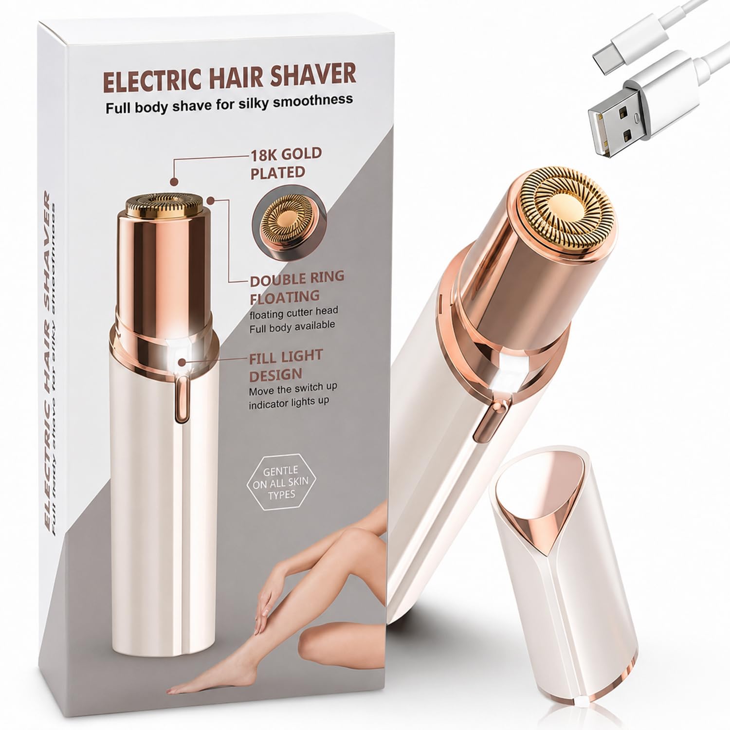 Facial Hair Remover for Women – Electric Face Razor with Light, Hair Removal for Upper Lip, Chin & Cheeks – Color Champagne