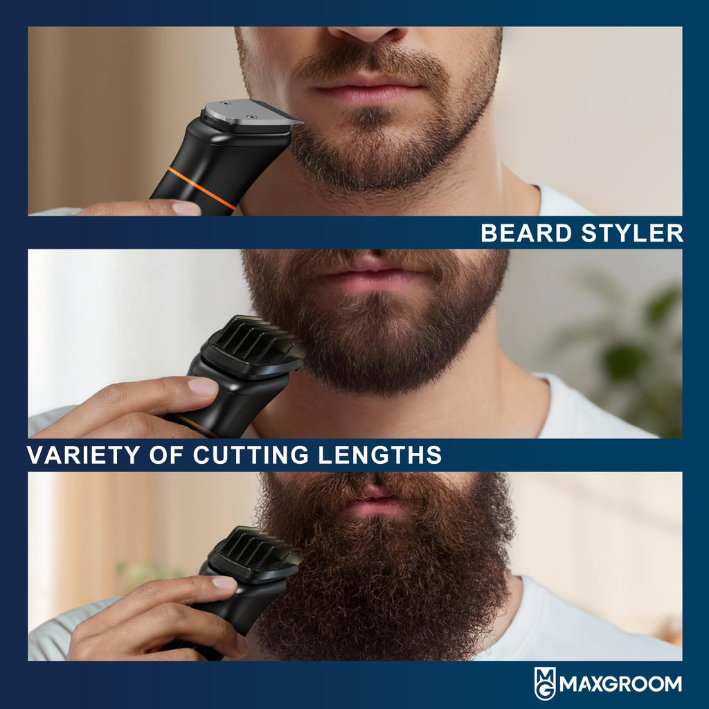 MAXGROOM 6 in 1 Beard Trimmer for Men, Waterproof Cordless Electric Razor Shaver, Men's Grooming Kit for Mustache, Hair, Face, Nose and Body, USB Recharge Dock - Silver