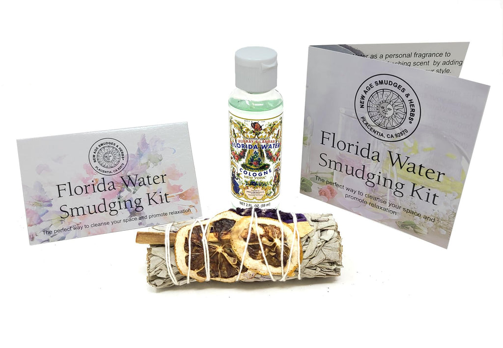 New Age Smudges & Herbs-White Sage Mix w/Lavender, Lemon Slice & Palo Santo Sage 4 inch Incense Smudge Bundle w/Florida Water 2oz Bottle- Cleansing Sage Incense & Water, Smudging Rituals. (FW-KIT-01)