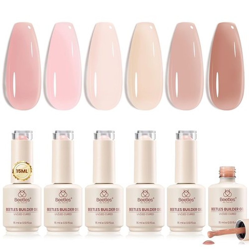Beetles Rubber Base Gel Set - 6 Colors, 15ml | 5-in-1 Builder Base Coat for Strong, Flexible Nails