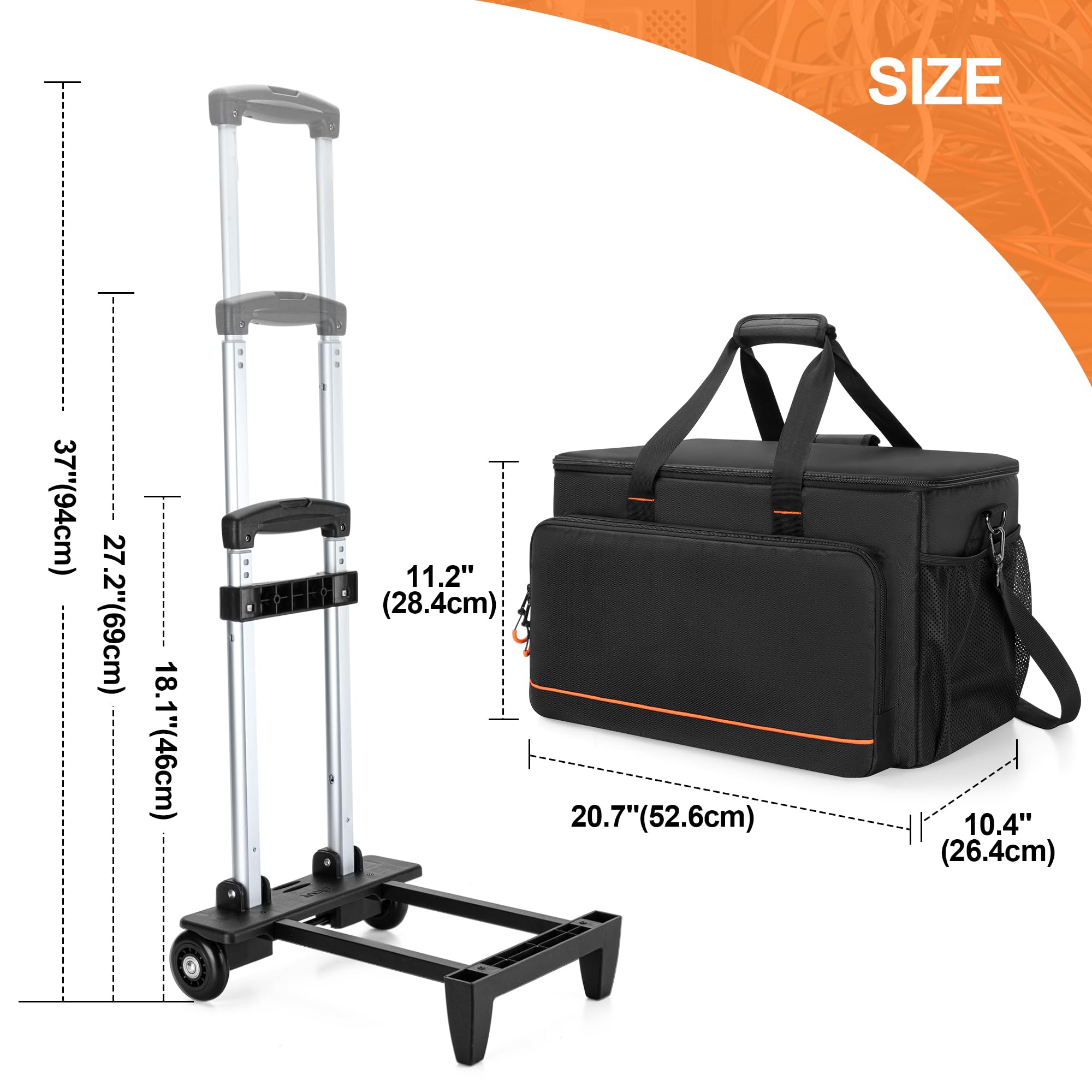 Trunab Rolling DJ Cable File Bag with Hard Padded Bottom,Detachable Dividers and Dolly,Travel Gig Bag for Professional DJ Gear, Musical Instrument and Accessories