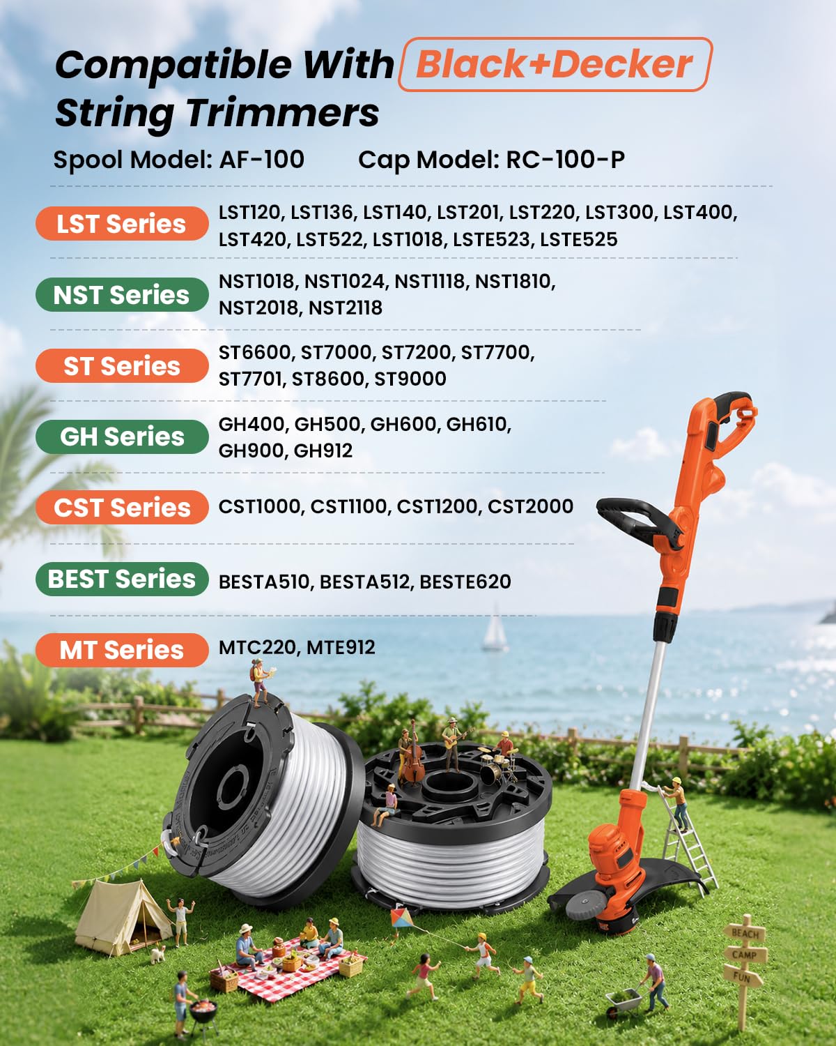 Weed Eater String Compatible with Black+Decker, AF-100 0.065" Weed Wacker String Refill 360ft Automatic Feed String Trimmer Replacement Line Spool for Black&Decker (12Spools + 3Caps+3Springs)