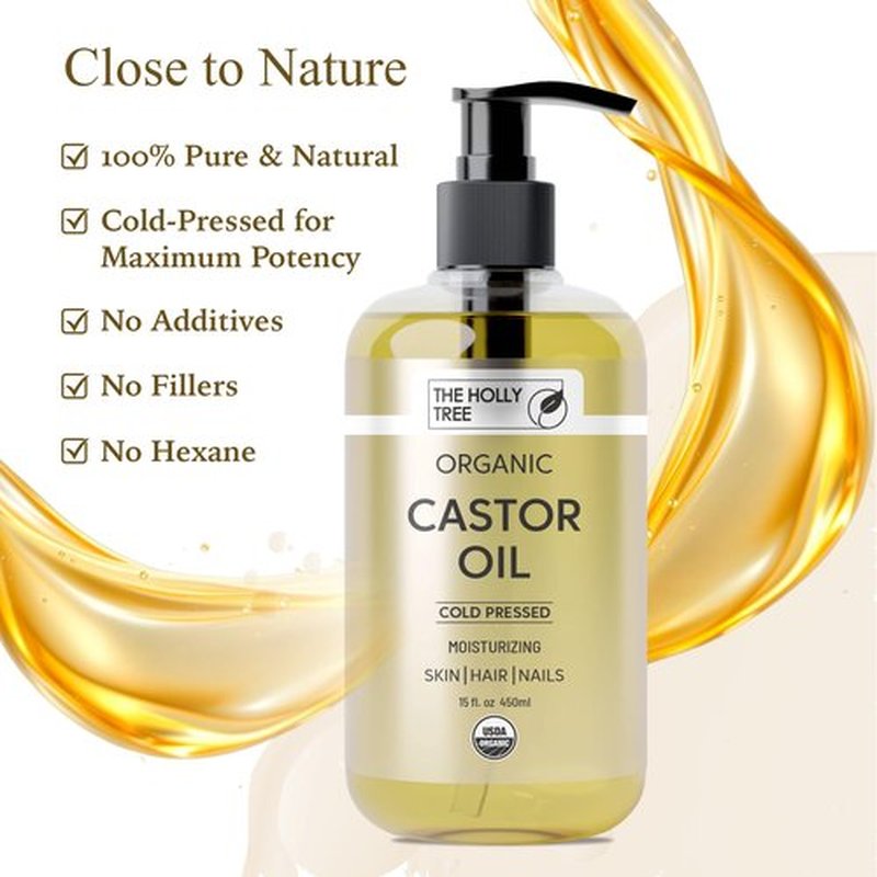 Organic Castor Oil - Cold Pressed 15 fl oz - 100% Pure & Hexane Free - Castor Oil for Hair Growth - Moisturizing & Nourishing - For Face & Body - The Holly Tree
