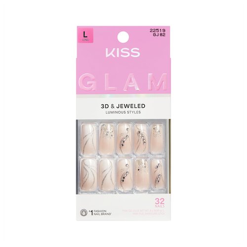 KISS GLAM Jeweled Press On Nails, Wrapped in Beauty, Pink, Long, Square, 32 Count