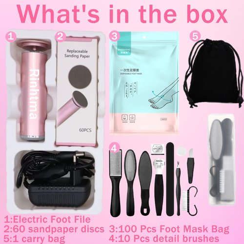 Electric Callus Remover for Dead Skin, Adjustable Speed Pedicure Kit, Painless Foot File with Sandpaper Discs, Mask & 5.9ft Cord, Feet Care for Men & Women(Pink)
