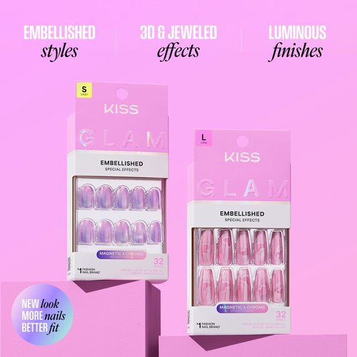 KISS GLAM Embellished Press On Nails Short, Golden Hour Affairs, Pink, Squoval, 32 Count
