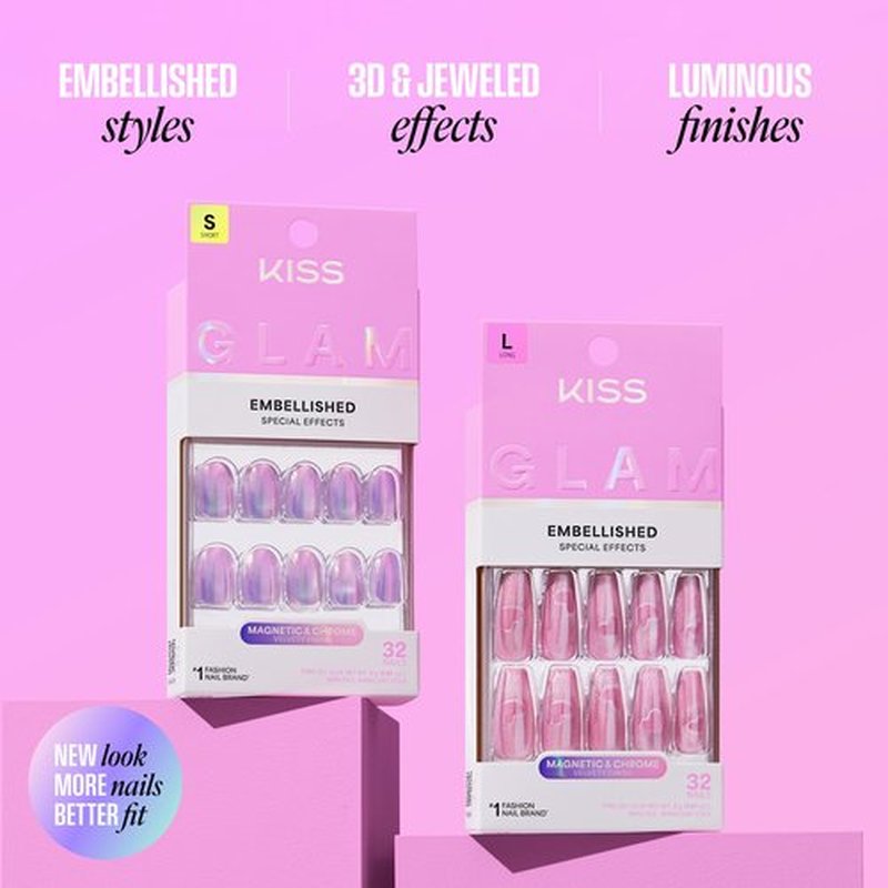 KISS GLAM Embellished Press On Nails, Dusk Mirage, Beige, Medium, Coffin, 32 Count