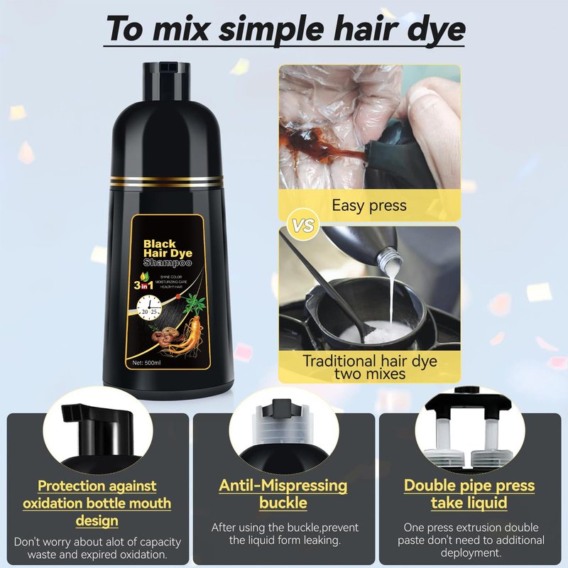YOURTONE Black Hair Dye Shampoo Instant & Easy 3-in-1 Hair Color Solution for Men and Women - Herbal Formula, Ammonia-free, Lasts 30 Days - 16.90 oz