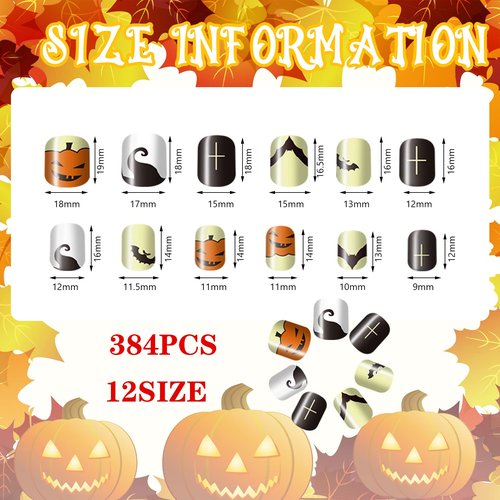 384 Pcs 16 Pack Halloween Press on Nails Halloween Short Fake Square False Nails Plastic Artificial Nail Tips Full Cover Coffin with Ghost Pumpkin Spider Pattern for Women(Vivid Pattern)