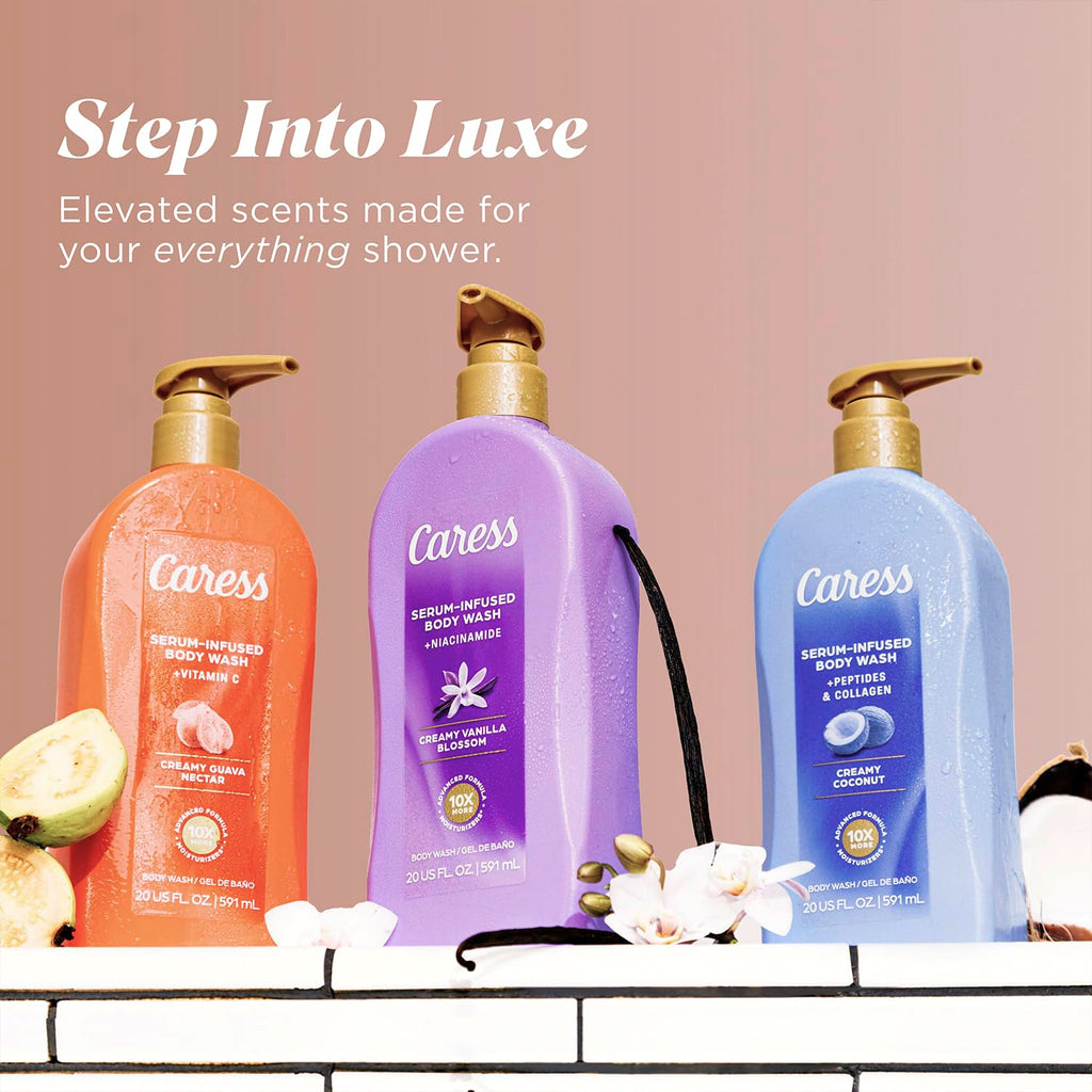 Caress Body Wash Creamy Vanilla Blossom & Creamy Guava Nectar Variety 2-Pack – Moisturizing Body Washes with Long-Lasting Fragrances, Self-Care Gifts for Women, 20 Oz Ea