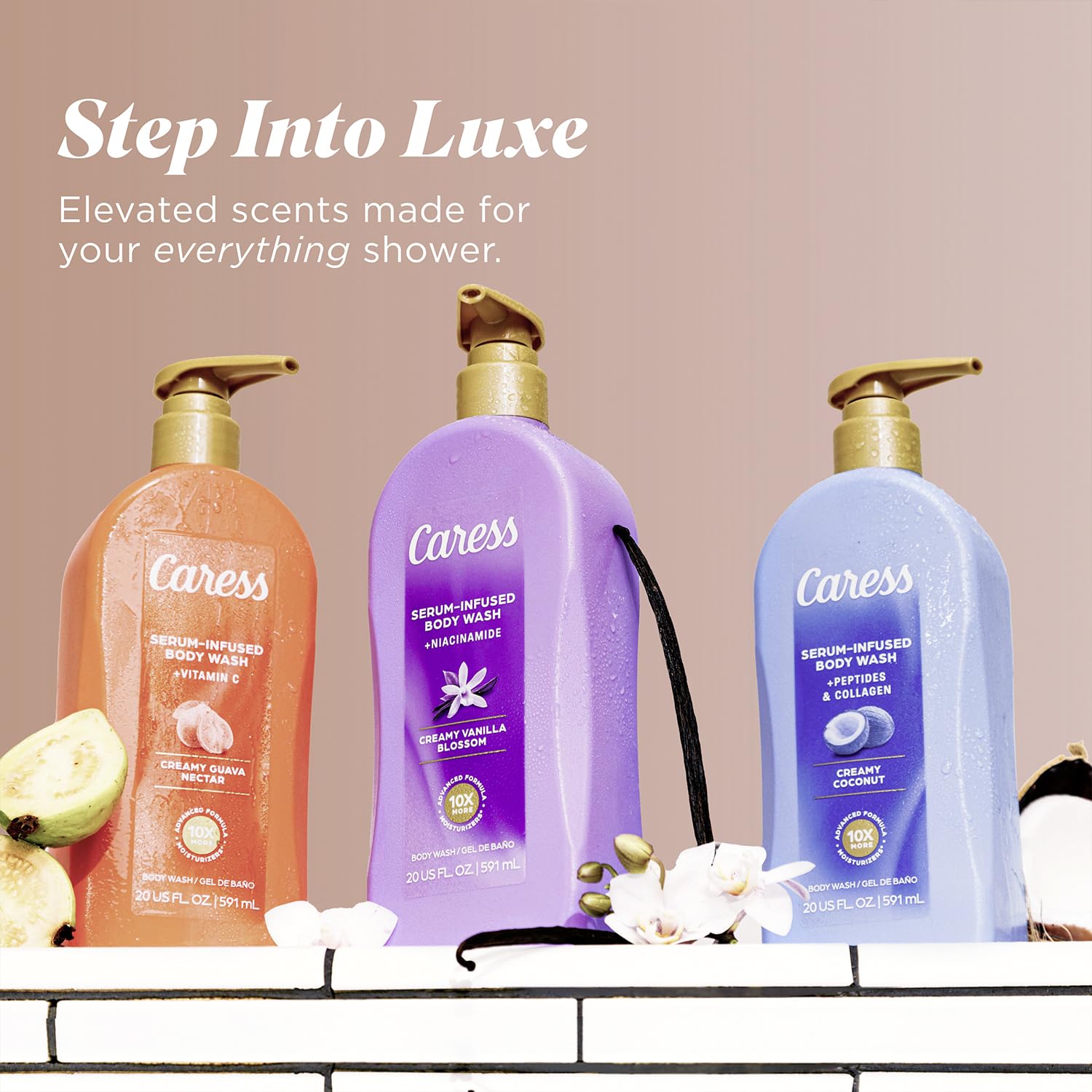 Caress Body Wash Creamy Vanilla Blossom & Creamy Guava Nectar Variety 2-Pack – Moisturizing Body Washes with Long-Lasting Fragrances, Self-Care Gifts for Women, 20 Oz Ea