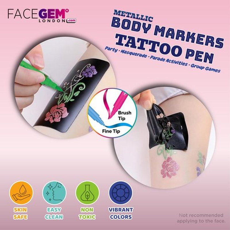 12 Metallic Temporary Tattoo Markers – Create Temporary Tattoos with Dual-Tip Body Markers, Bold & Fine Lines, Waterproof, Fast-Drying, Non-Toxic, 42 Stencils, Fake Tattoos Set, Tattoo