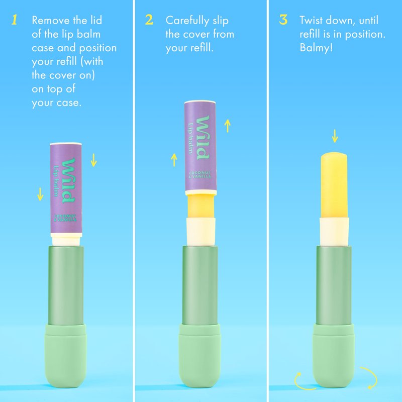 Wild - Refillable Lip Balm - 3 Pack of Lip Balm Refills in a Variety of Scents - Includes Coconut & Vanilla, Passionfruit Swirl & Watermelon Flavors - Beeswax Free