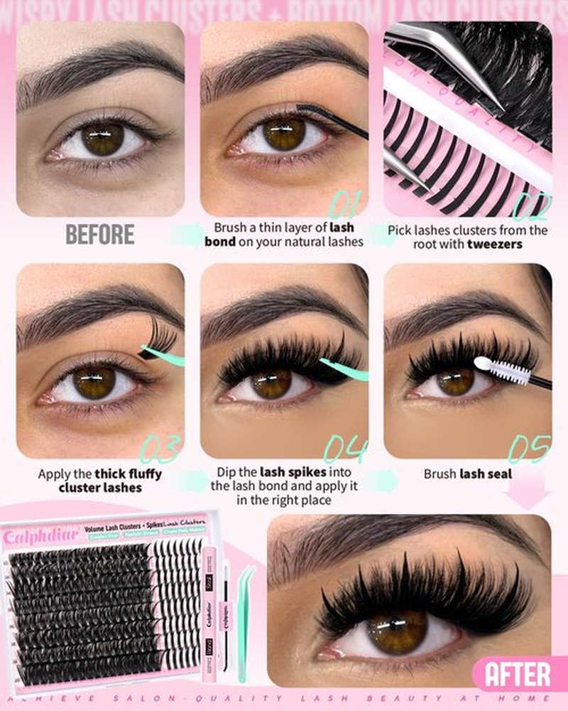 Spikes Eyelash Clusters Volume Lash Clusters Kit DIY Salon-Grade Lash Extensions Spiky Individual Lashes Extension Kit 12-21mm Cluster Eyelash Extensions Kit Manga Lashes Clusters with Bond and Seal