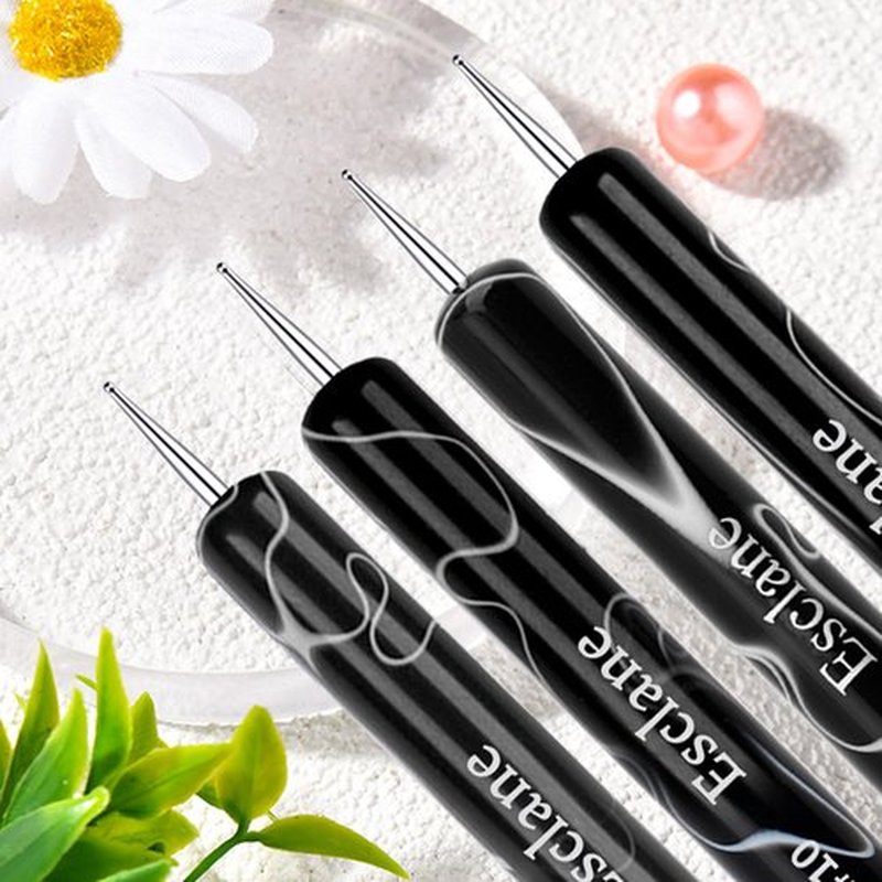 4PCS French Manicure Brush, Two Way Nail Art Brush with Dotting Tool for Cuticle Clean Up & Nail Art Design, French Nail Brush Professional Salon (Black)