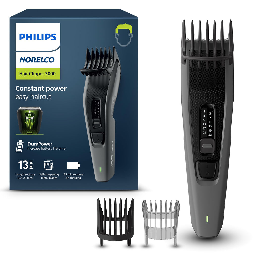 Norelco Philips Hair Clipper 3000 Series, Hair and Beard Trimmer, Trim-and-Flow Technology, DualCut Technology, DuraPower, 13 Length Settings, 45 Min. Runtime, Zero Maintenance, Model HC3525/40