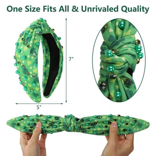 2 Pack St. Patrick's Day Headband for Women Clover Print Pearl Rhinestone Crystal Jeweled Embellished Ladies Wide Top Knot Green Grid Makeup Hair Hoop Accessory Holiday Party Costume Decor Prezzie