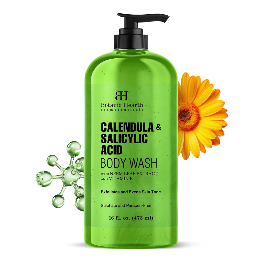 Botanic Hearth Calendula & Salicylic Acid Body Wash – Exfoliating Shower Gel with Neem Leaf Extract & Vitamin E, Clarifying Cleanser, Sulfate & Paraben Free – 16 fl oz