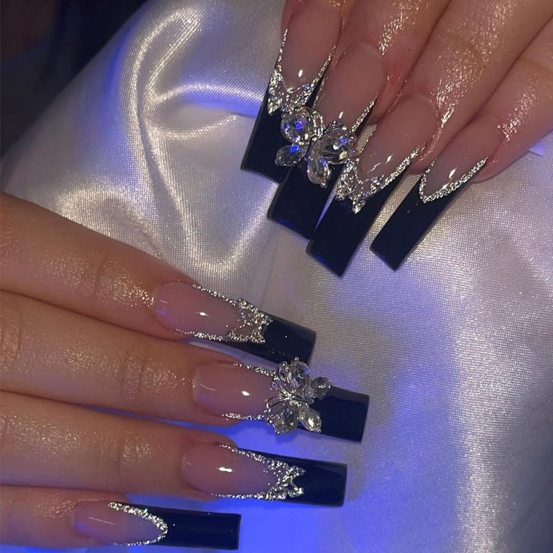 ZMRZ Press On Nails, Medium-Length Shiny Black False Nails Inlaid with Silver Butterflies and Rhinestones, Showing the Noble Temperament of Women and Girls False Nails - 24 Pieces (With Free Kit)