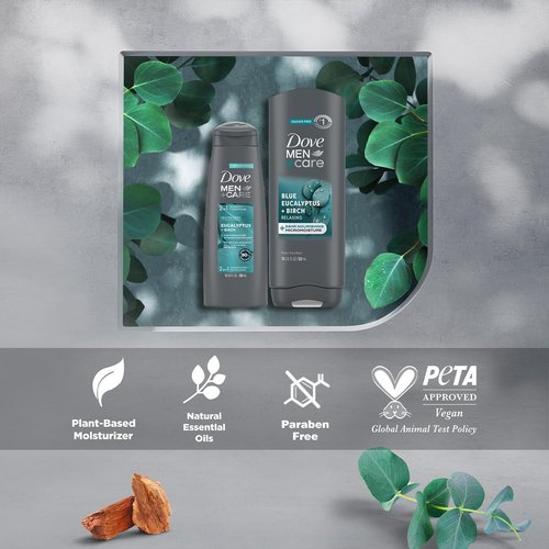 Dove Men+ Care Shower Essentials – Relaxing Body + Face Wash, Blue Eucalyptus + Birch and Revitalizing 2-in-1 Shampoo, Eucalyptus + Cedar