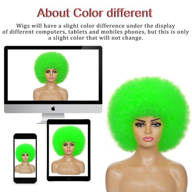 JSDshine Green Afro Wigs for Women - Soft 70s Kinky Curly Synthetic Hair Wig with Bangs, Natural Looking Short Afro Puff Bouncy Big for Daily & Party Use