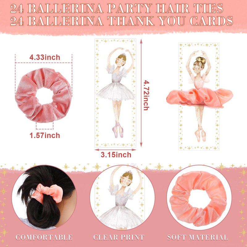 Yuxung 48 Pcs Ballerina Party Favors Ballet Hair Accessories 24 Pcs Pink Scrunchies Bulk 24 Ballerina Thank You Cards Ballet Birthday Party Decorations Hair Ties Kits for Women Dance Recital Gifts