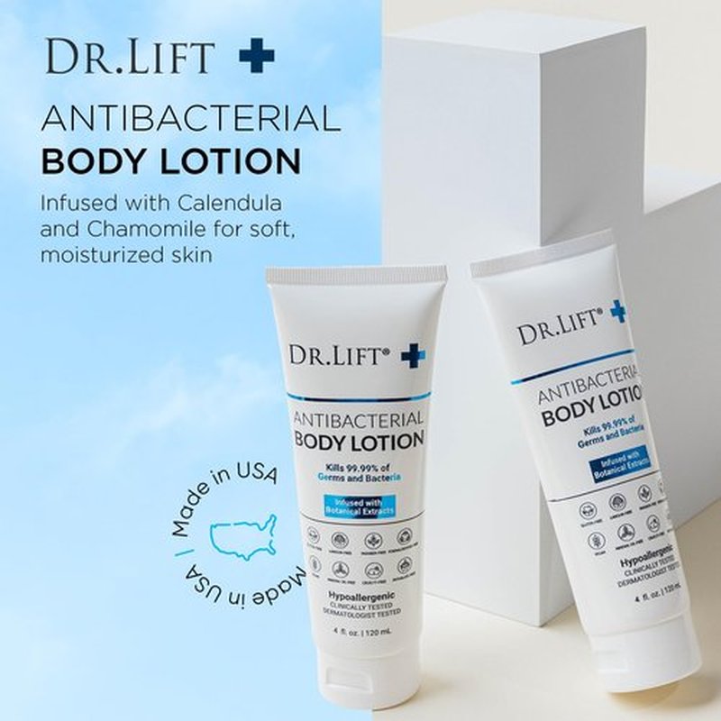 DR. LIFT Antibacterial Body Lotion, Hypoallergenic Formula with Vitamin C & E, Calendula and Chamomile, Gentle on Skin, Non Greasy and Fast Absorbing, Vegan, Paraben Free, Mineral Oil Free, 4 Fl Oz