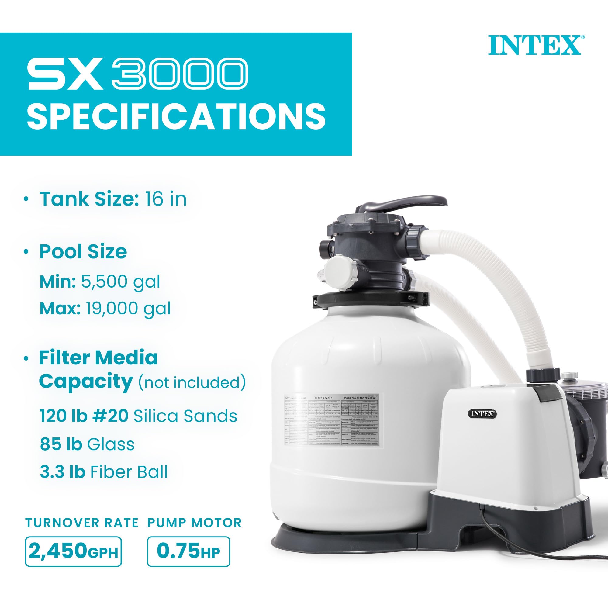 INTEX 3,000 GPH Krystal Clear Sand Filter Pump for Above Ground Pools, Swimming Pool Pump with Automatic Timer - Improved Circulation, Filtration, & Clarity