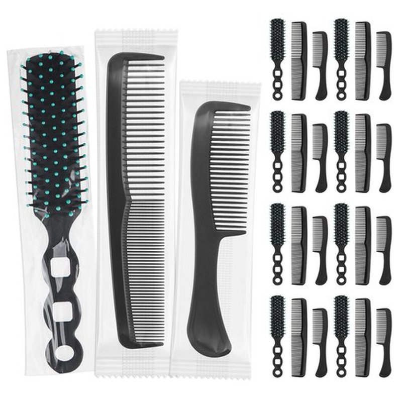 Gisdo 30 Pcs Hair Brush and Comb Set in Bulk,Individually Wrapped, Bulk Comb Brush Hairbrush for Women Kids Hotel Homeless Charity (Black)
