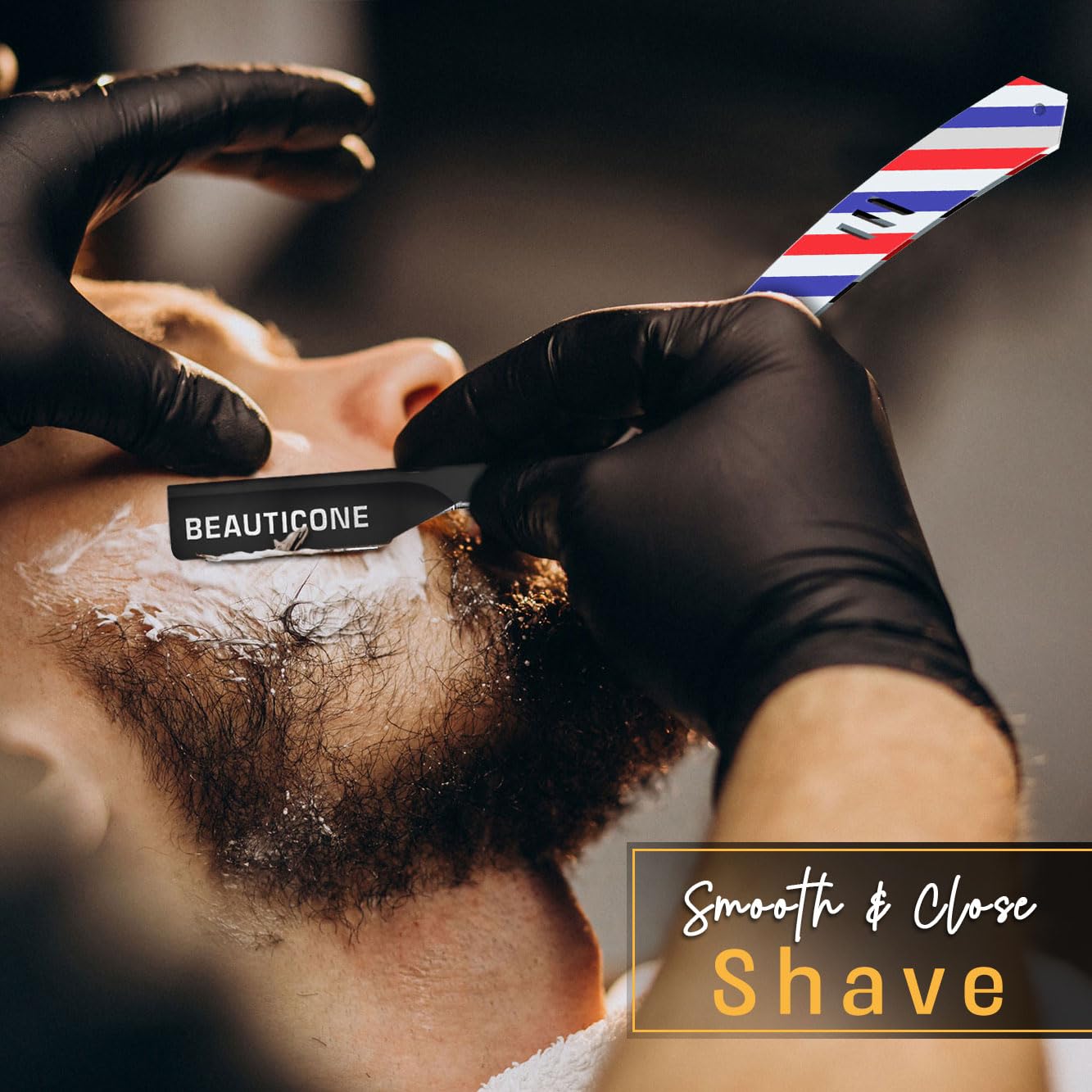 BEAUTICONE Barber Straight Razor for Men – Professional Shavette with Slide-Out Blade Holder, 100 Stainless Steel Blades Included, Cut Throat Razor, Pole Stripe