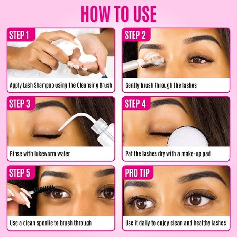 STACY LASH Lash Shampoo 50ml Kit Foaming Cleanser with Eye Lash Spoolies & Rinse Bottle & Cleansing Pad & Brush for Eyelash Extensions & Clusters & Natural Eyelashes
