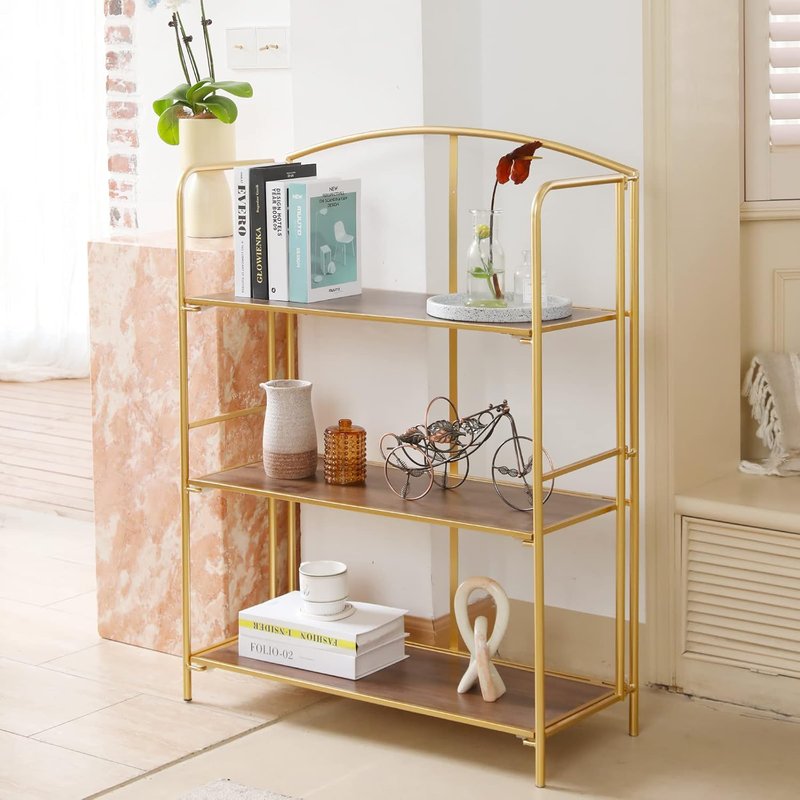 Crofy Folding Bookshelf - 3-Tier Gold Collapsible Bookcase for Living Room & Home Office Storage