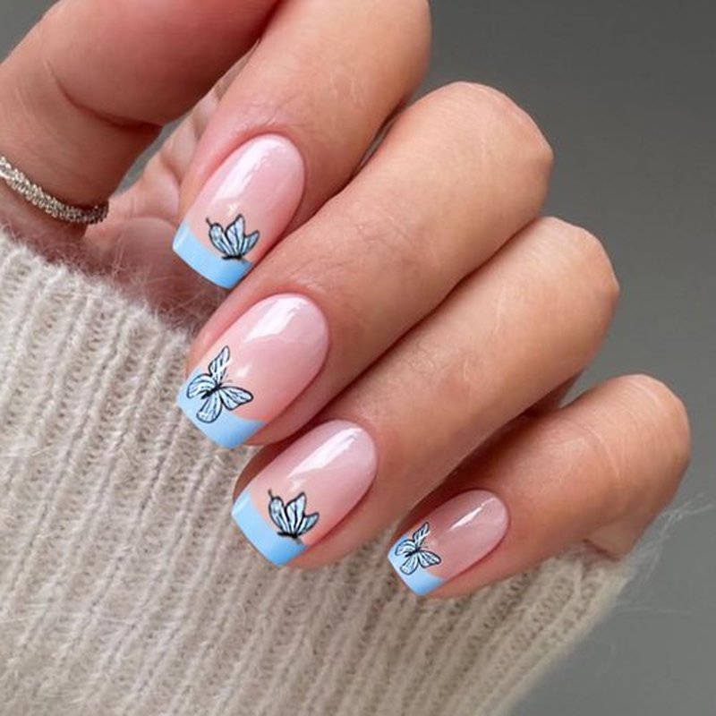 JMEOWIO Gel Nail Stickers Blue Butterfly French Tip Semi Cured Gel Nail Strips Wraps UV/LED Supplies Nails Art Design Decoration Accessories