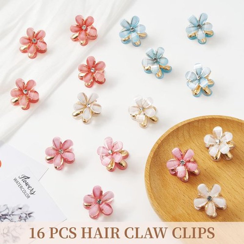 QIUTIMIY Small Flower Hair Clips for Women 16PCS Colourful Mini Crystal Flower Claw Clips for Thin/Thick Curly Hair Non Slip Bangs Pins(16PCS-Style 6)