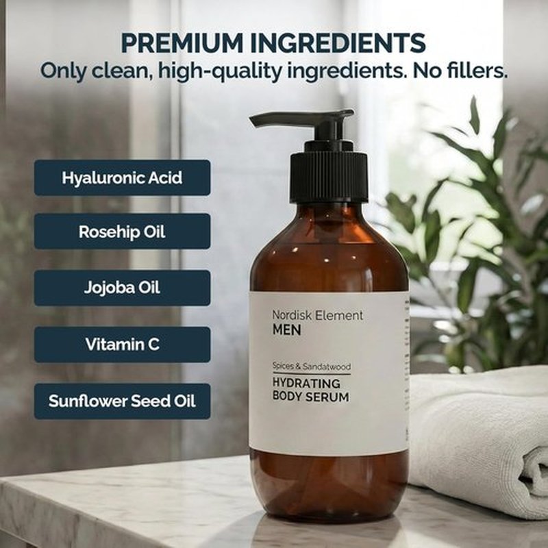 Nordisk Element Body Serum for Men - Lightweight Hydrating Serum with Hyaluronic Acid & Antioxidants | 9.13 Fl Oz, Vegan Sandalwood Scent