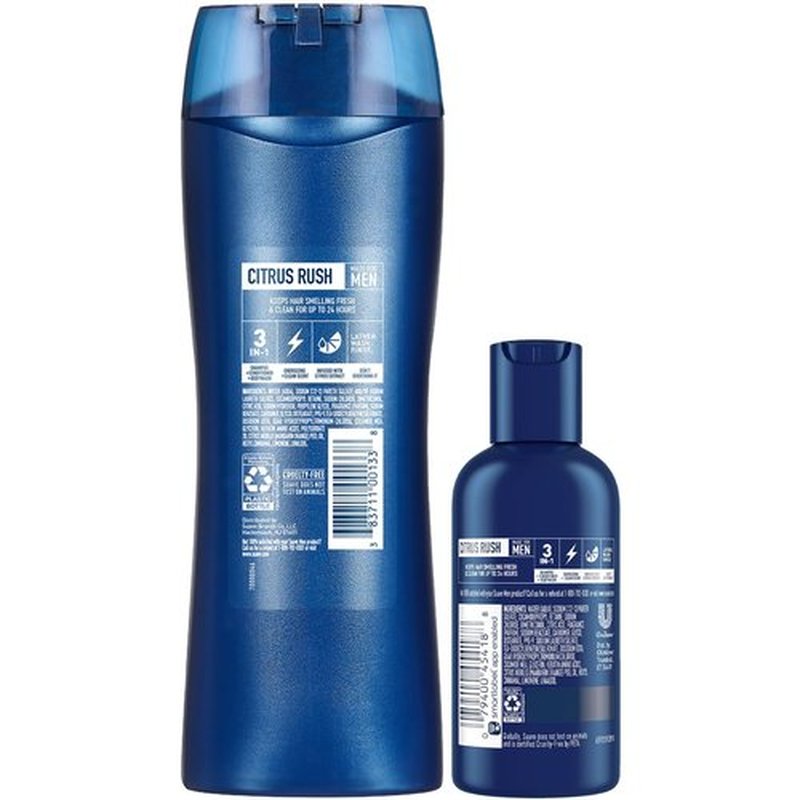 Suave Body Wash, Shampoo and Conditioner 3-in-1 for Men, Citrus Rush Bundle, Full-Size Twin Pack + 1 Travel Format (3 Piece Set)