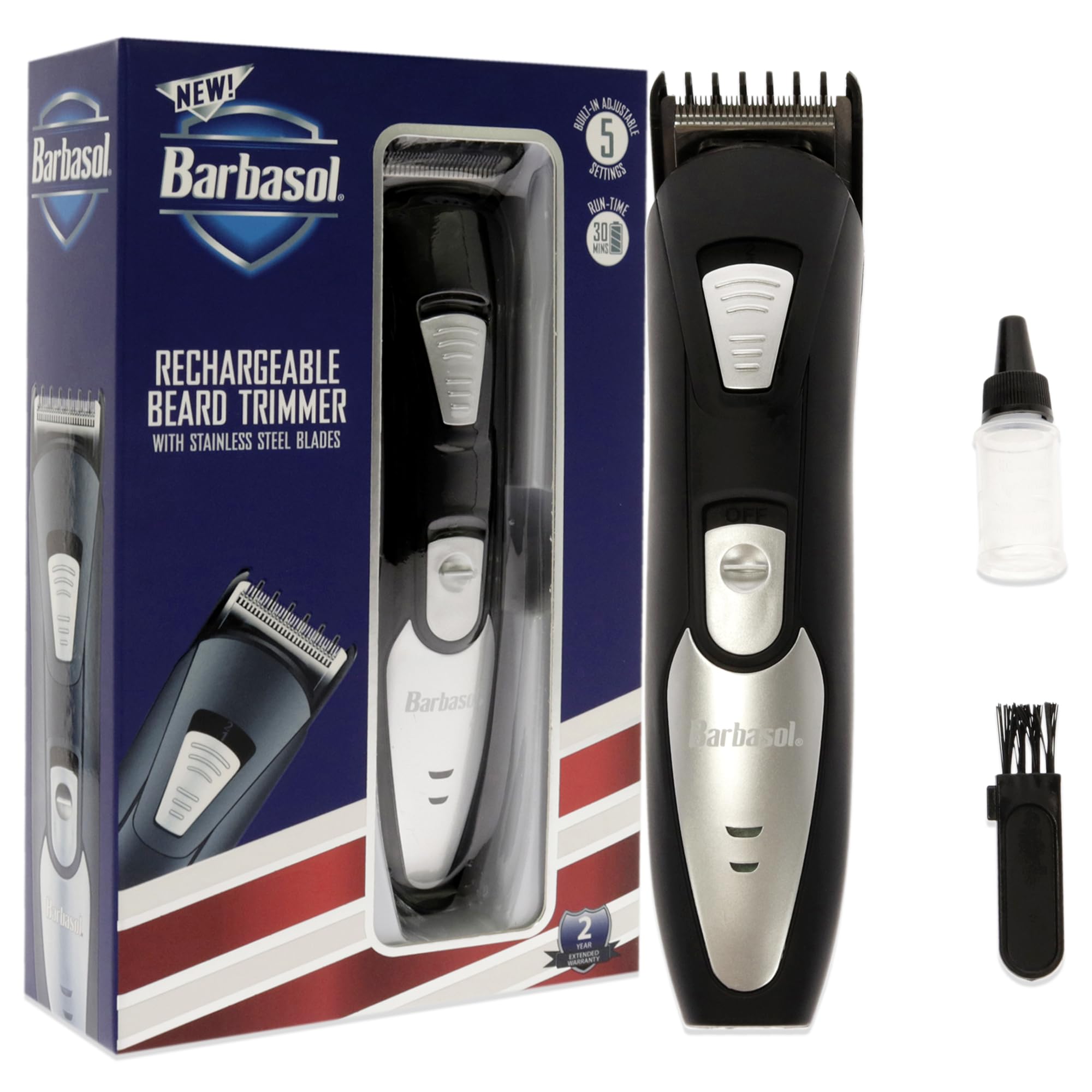 Barbasol Rechargeable Electric Beard Trimmer with Stainless Steel Blades and Adjustable Settings