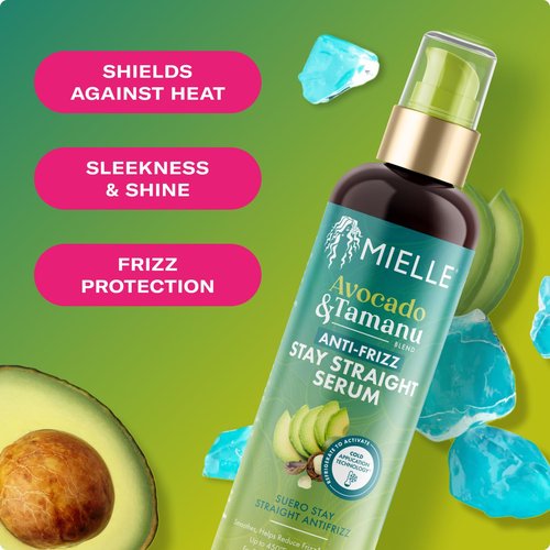 Mielle Organics Avocado & Tamanu Anti-Frizz Hair Serum - Stay Straight Smoothing Treatment & Heat Protectant for Textured Strands - Humidity Shield, Shine Enhancer for Lasting Straight Hair Looks, 6oz