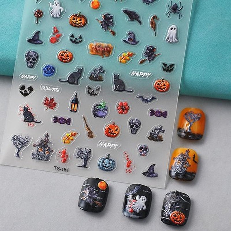 6PCS Fall Art Stickers 5D Embossed - Ghost Cat Skull Witch Pumpkin Spider Nail Decals for Women Girls