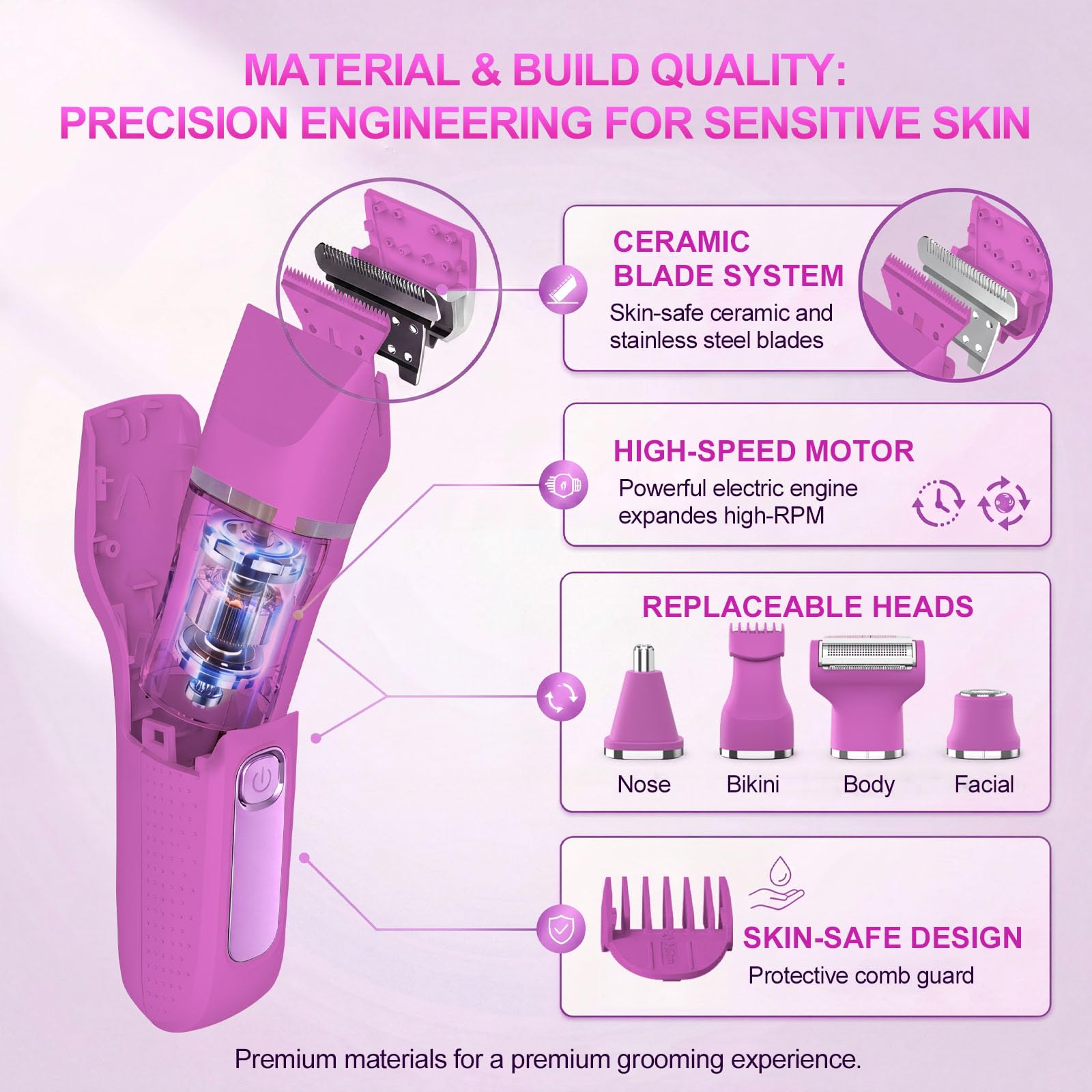 KINGTEE Bikini Trimmer for Women,Electric Shaver for Women, IPX7 Waterproof Razor Shaver,Women's Electric Razor,Intimate Shaver for Women,with 5 Blades,Charging Cable,Recharge Dock（Rose Pink