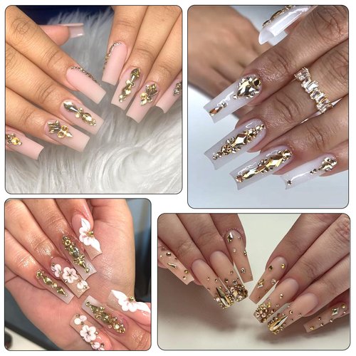 HNUIX Nail Rhinestones - 3D Multiple Shape Size Gems, Champagne Gold, Manicure beads, Pearls, Flatback Crystals Rhinestones, with Kit, for Nail Art Decor