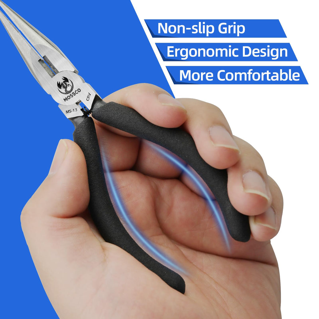 MOSSCO Needle Nose Pliers, 5" Mini Long Nose Pliers with Cutter, Serrated Jaw Precision Small Needle Nose Pliers for Jewelry Making, Bending Wire, Crafts, Electronic Repair