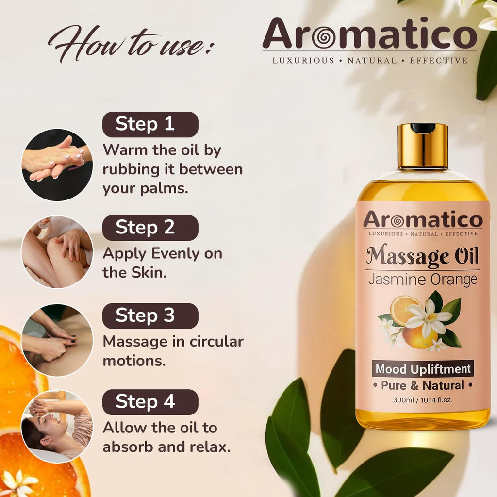 AROMATICO Massage Oil for Massage Therapy with Jasmine & Orange Essential Oils. Infused with Sesame, Almond & Jojoba Oils. Full Body Massage Oil for Mood Upliftment – 10 Fl Oz