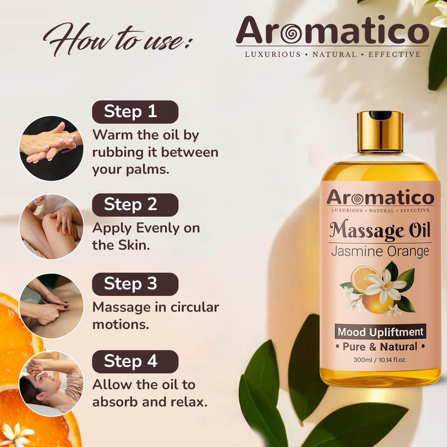 AROMATICO Massage Oil for Massage Therapy with Jasmine & Orange Essential Oils. Infused with Sesame, Almond & Jojoba Oils. Full Body Massage Oil for Mood Upliftment – 10 Fl Oz