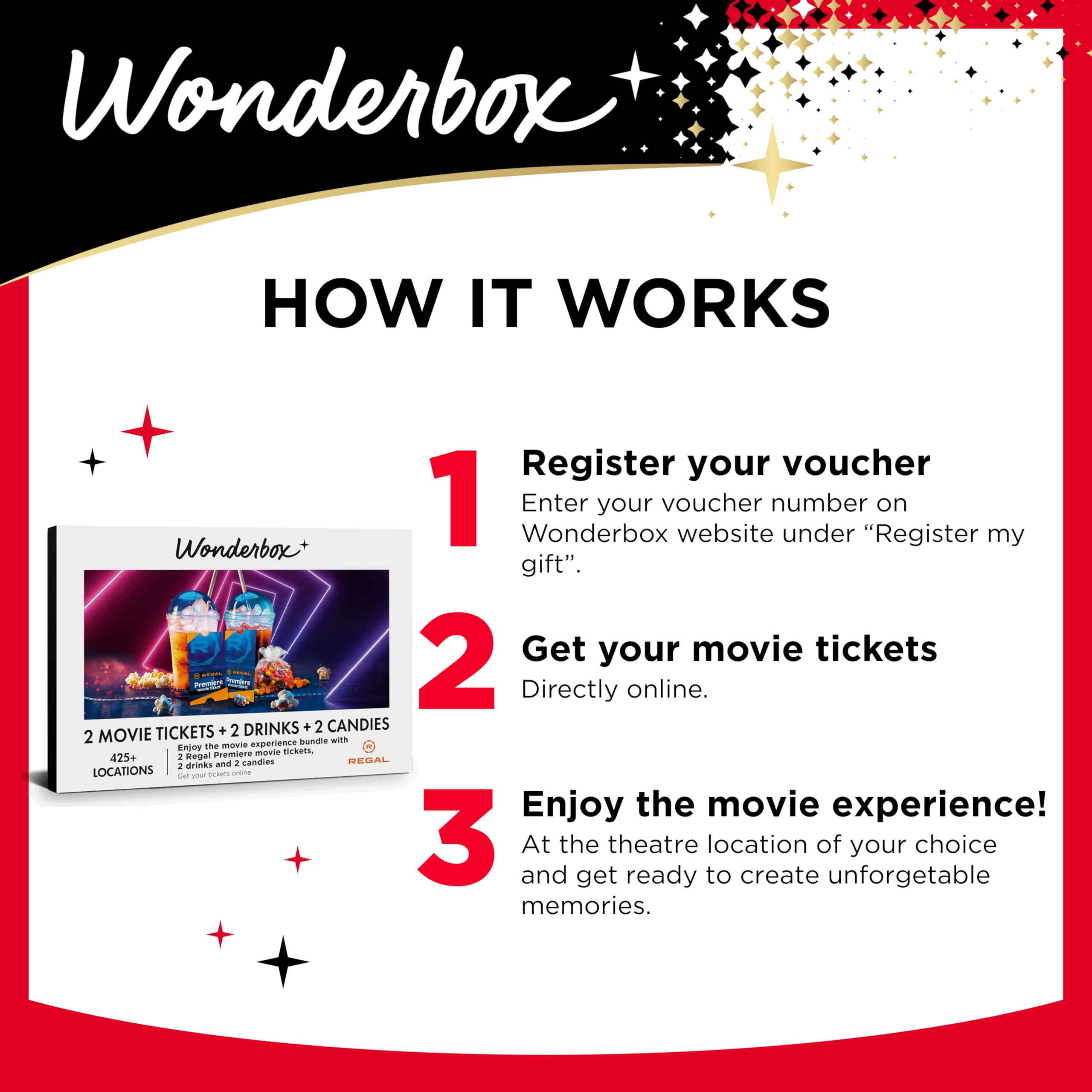 WONDERBOX - Regal Movie Gift Box – 2 Tickets, 2 Drinks & 2 Candies – Movie Night Experience for 2 – Valid at 425 Regal Locations in the US