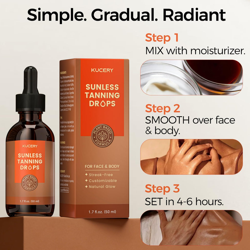 KUCERY Plant-Based Sunless Tanning Drops for Face & Body | Customizable Streak-Free Bronzing Serum with Natural Botanical Ingredients, Buildable Self-Tan Glow, 1.7 fl oz