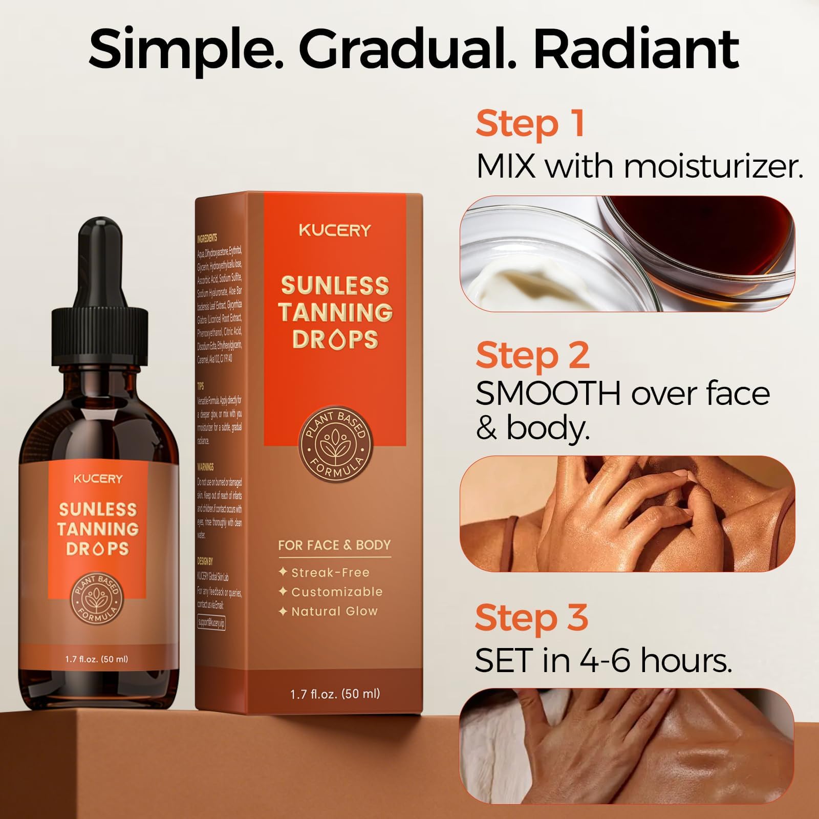 KUCERY Plant-Based Sunless Tanning Drops for Face & Body | Customizable Streak-Free Bronzing Serum with Natural Botanical Ingredients, Buildable Self-Tan Glow, 1.7 fl oz
