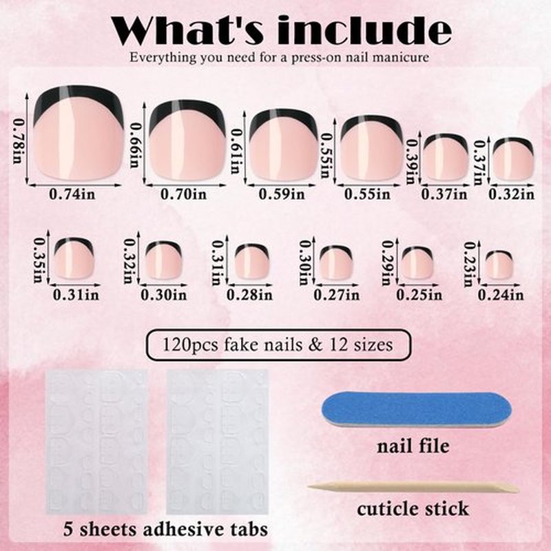 AddFavor 120pcs Press-on Toenails for Women, Black French Tip, Glossy Acrylic False Toenails